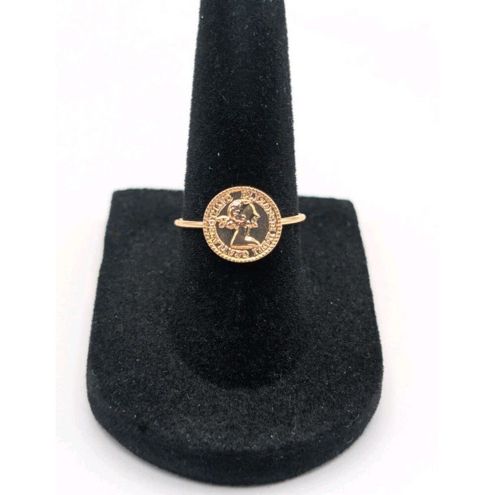 Gold Tone Queen Elizabeth II Dei Gratia Regina FD Coin Ring Repro Dainty Minimal